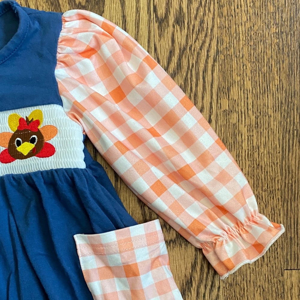 Blue with orange/white check sleeves football/turkey ruffle shirt, size 12-18 M - Picture 4 of 12